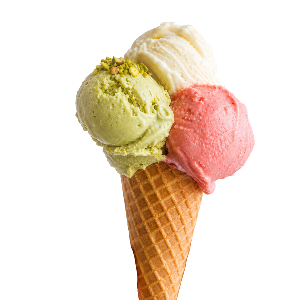 Gelato mit Pistazie, Erdbeere und Vanille in der Waffel